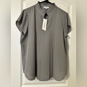 Calvin Klein Gray Pleated Blouse | Short Sleeve Ruffle Collar Top | Size L